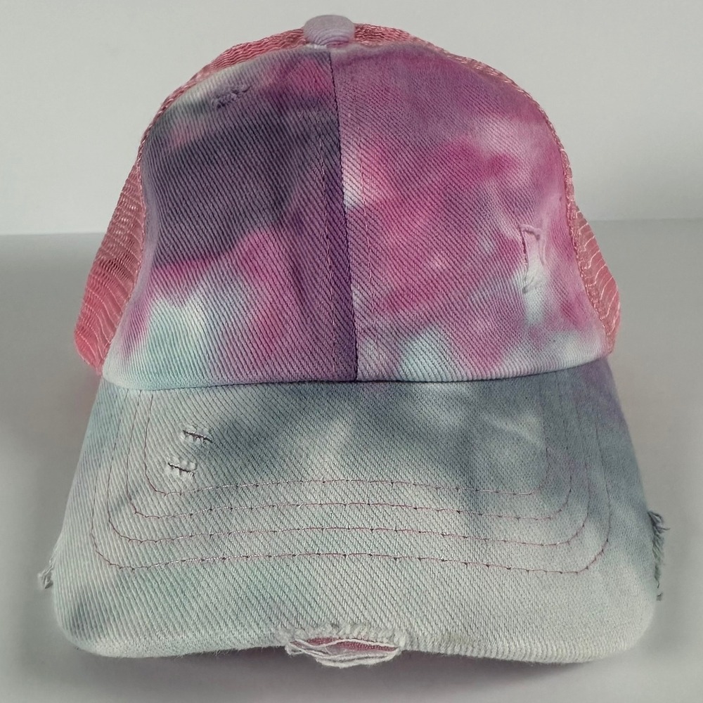 CC Kids Pink Tie Dye Distressed Baseball Cap Criss Cross Ponytail Trucker Hat
